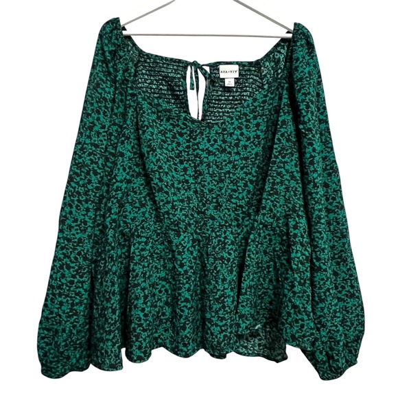 Ava & Viv Tops - Ava & Viv Top Women's Plus Size 4X Green Black Animal Print Peplum L/S Smocked